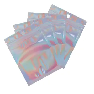 Holographic resealable bags detail shot displaying rainbow foil finish for parts display.