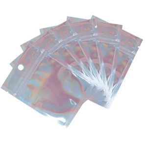 Holographic ziplock bags, colorful foil packaging pouches with transparent window and hanging hole.