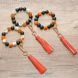 Halloween wood bead bracelet keychain with leather tassel stylish anti-lost hand wrist strap