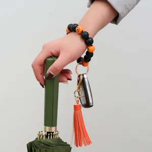 Halloween Wooden Bead Wristlet Keychain with Leather Tassel Cute Pumpkin Key Ring for Women Gift