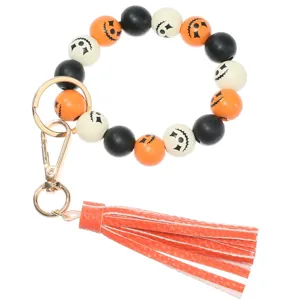 Halloween wooden bead keychain with leather tassel and premium metal hardware details