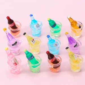 Miniature resin drink bottles in ice buckets, ideal for DIY phone cases and craft projects.