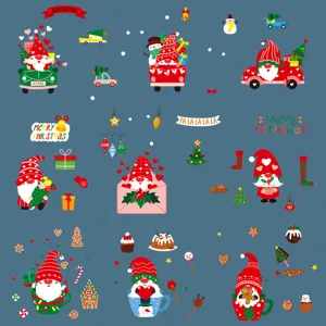 Weihnachtsfensteraufkleber, niedliche Wichtel und Autodesigns für feierliche Glasdekoration.