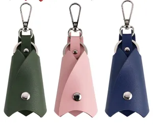 PU leather car key holder pouch with metal hook and snap button closure for daily use.