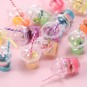 Cute miniature fruit cup keychain DIY accessories, transparent liquid charm pendants for bags keys.