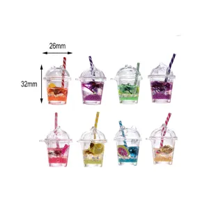 Miniature fruit drink cup DIY charm details, cute cat shaped miniature juice cup accessories.