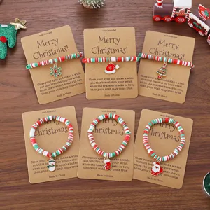 Handgefertigte Weihnachten Polymer-Ton Perlen Wunscharmbänder Für Damen Cartoon Weihnachtsmann Schneemann Weihnachtsbaum Legierung Anhänger Charme Armbänder Auf Karten