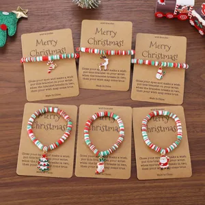 Weihnachtsthema Wunscharmband Süßes Rentier Weihnachtsmann Polymer-Ton Geflochtenes Armband Mit Geschenkarte Feiertags Schmuck