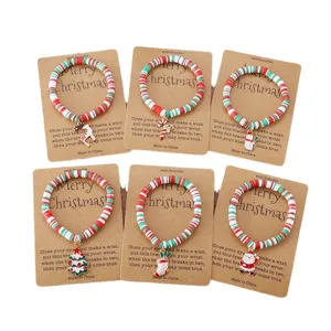 Weihnachten Tonperlen Wunscharmbänder Set mit süssen Rentier und Tannenbaum Anhängern.