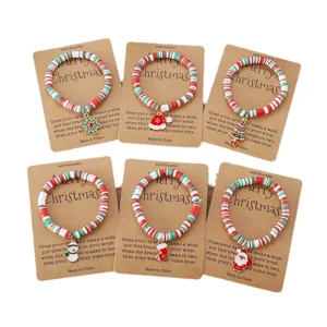Weihnachten Polymer Clay Perlen Armbänder mit festlichen Anhängern auf Karten Set