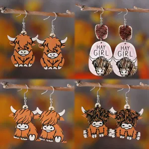 Pendientes Colgantes de Madera Vintage Occidental Vaca de las Tierras Altas Hay Girl Impresión a Doble Cara Joyería de Mujer Regalo