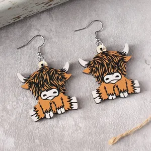 Pendientes de madera de vaca de las Highland, estilo western vintage joyas de animales regalo.