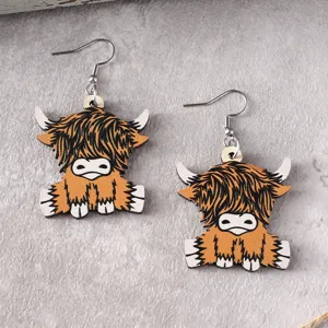Pendientes colgantes de madera de highland cow retro doble cara joyería de mujer
