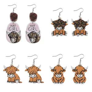 Set de pendientes colgantes de madera de vaca Highland, joyería rústica de estilo western.