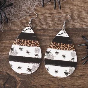 Pendientes colgantes de cuero de Halloween telaraña estampado de leopardo estilo gótico