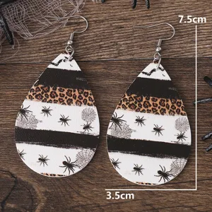 Pendientes de cuero en gota de Halloween con diseño de araña y leopardo, 7.5cm.
