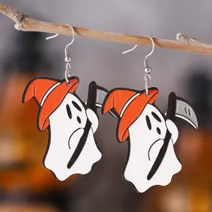 Halloween Geist Hexenhut Holzohrringe Detailansicht, niedlicher gruseliger baumelnder Schmuck