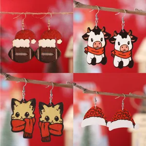 Boucles d'Oreilles Pendantes en Bois Double Face de Noël Joli Chat Vache Rugby Design Vacances Imprimé Boucles d'Oreilles en Bois Nouveauté Fête Bijoux Cadeaux pour Femmes