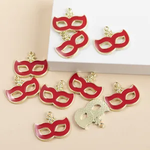 Red enamel masquerade mask alloy charms for DIY jewelry making, necklace bracelet accessories.