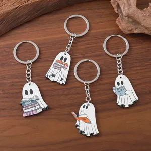 Halloween cute ghost reading book wooden keychain cartoon pendant keyring gift decorative item