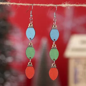 Orecchini Pendenti Tripli a Lampadina Colorata in Legno di Natale Gioielli per Orecchie Geometrici Festivi Stampati a Doppia Faccia Regalo di Festa per Donna