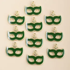 Green enamel masquerade mask alloy pendant details, perfect for DIY jewelry making and necklace charms.