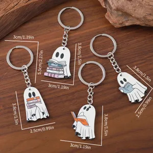 Halloween ghost keychain detail view showing cute cartoon ghost wooden pendant with books rings.