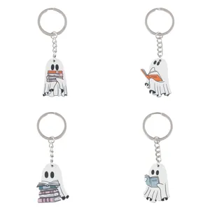 Cute reading ghost keychain, cartoon style wooden ghost pendant keyring for Halloween gifts.