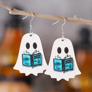 Niedliche Halloween Geist Holz Ohrringe mit Buch, doppelseitiger Druck hängende Ohrringe.