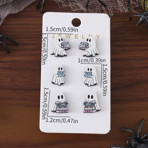 Set orecchini a lobo in legno fantasma di Halloween, orecchini fantasma gotico che legge un libro.