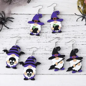 Halloween wooden gnome earrings bat skull witch drop dangle jewelry for women girls party gifts