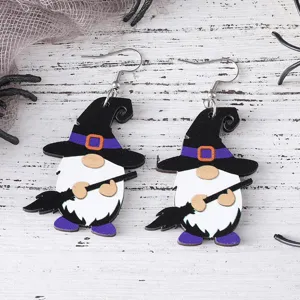 Halloween wooden gnome witch hat earrings detailed view, cute festive holiday jewelry decor.