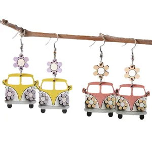 Houten schoolbus bloem oorbellen voor vrouwen meisjes, schattige vintage hangende oorbellen.