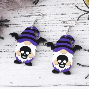 Detailed close-up of Halloween bat skull gnome wooden earrings, gothic double-sided pendant.