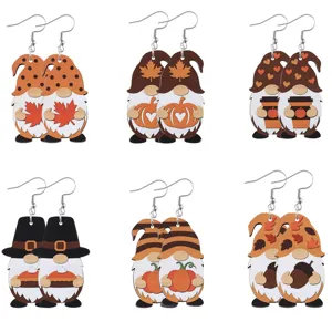 Herfst Thanksgiving houten gnoom oorbellen met schattige pompoen en esdoornblad.