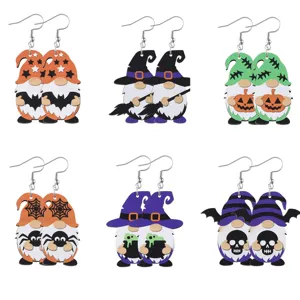 Halloween gnome wooden earrings cute bat skull drop earrings for women festival party gifts