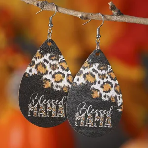 Leopardenmuster PU Leder Tropfen Ohrringe mit Blessed MAMA Aufdruck für Damen Alltag.