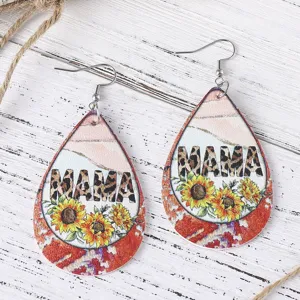 Orecchini pendenti in pelle PU con girasole MAMA leopardato per festa della mamma