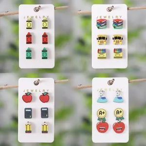 Back To School Season Creative Cartoon Wooden Stud Earrings Set Cute Colorful Crayon Apple School Bus Shapes Ear Jewelry For Teacher Day Gift Women
