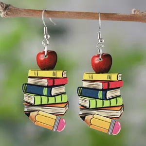 Back To School Season Wooden Drop Earrings Book Pencil Apple Pendant Earrings For Teachers Students Jewelry Gift