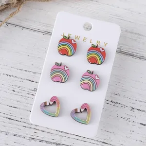 Wooden apple and heart stud earrings set, cute pencil rainbow design for teachers and graduation gifts.