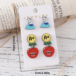 Wooden Stud Earrings Set Graduation Science Beaker Apple Back To School Jewelry Gift 3 Pairs