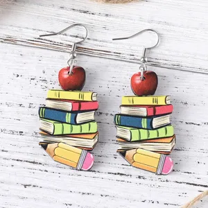 Cute back to school wooden book and pencil drop earrings unique teacher gift dangle jewelry
