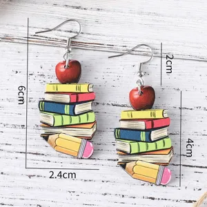 Back to school wooden book pencil earrings teacher day gift cute stationery drop earrings