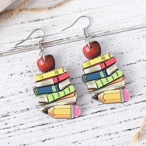 Back to school book pencil apple wooden drop earrings for teachers day special gifts.
