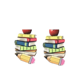 Cute back to school book and pencil wooden drop earrings for a great teacher gift