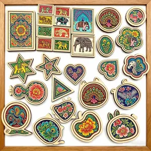 Wooden ethnic embroidery fridge magnets DIY handmade accessories various shapes floral elephant
