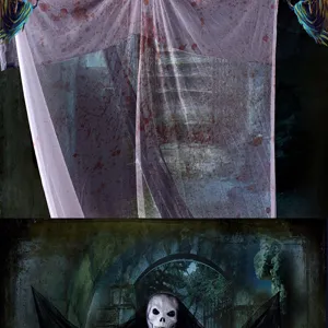 Gran decoración de fantasma colgante de Halloween con gasa sangrienta y máscara de calavera.
