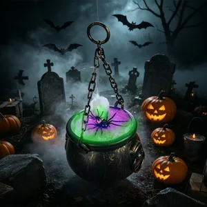 Chaudron suspendu d'Halloween décoration avec lumières changeantes et fausse araignée pour fête.