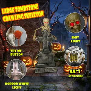 Halloween glowing skeleton tombstone detail featuring red LED eyes, sound effects and battery power.